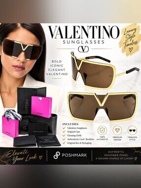 NEW Valentino Garavani V-Shield Oversized Brown Sunglasses with Gold Accents